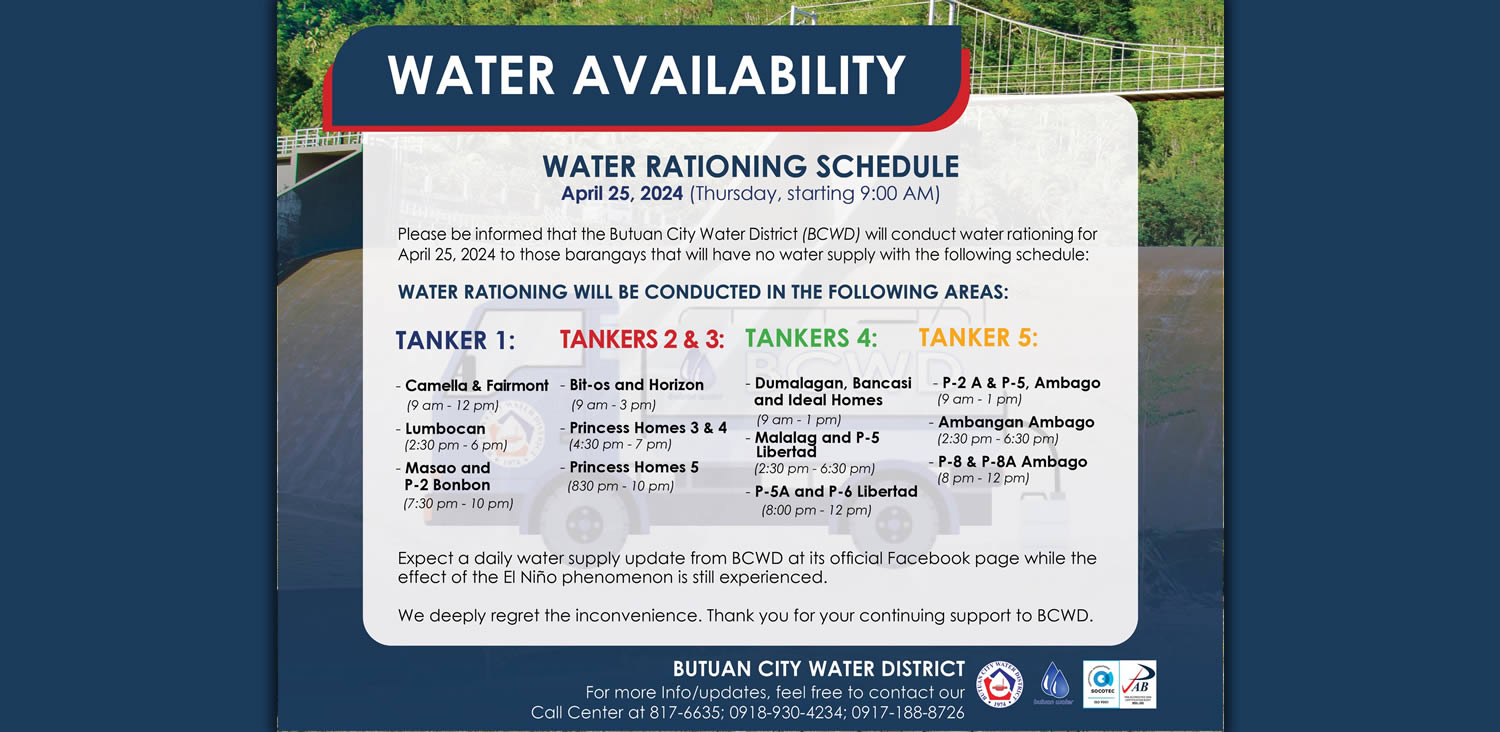 EL NIÑO WATCH: WATER RATIONING SCHEDULE (April 25, 2024; 9:00 AM)