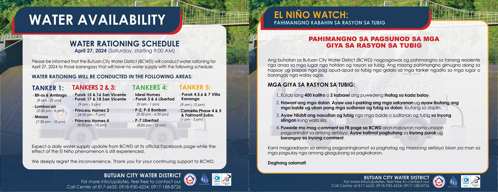 EL NIÑO WATCH: WATER RATIONING SCHEDULE (April 26, 2024; 5:40 PM)